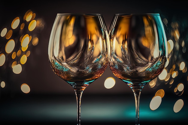 Clear wine glasses against a shiny backdrop