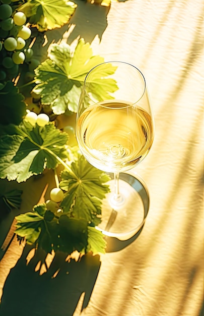 clear wineglass with white wine sitting on the sun