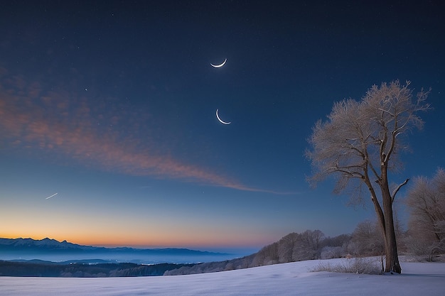 Clear winter evening sky and crescent moon