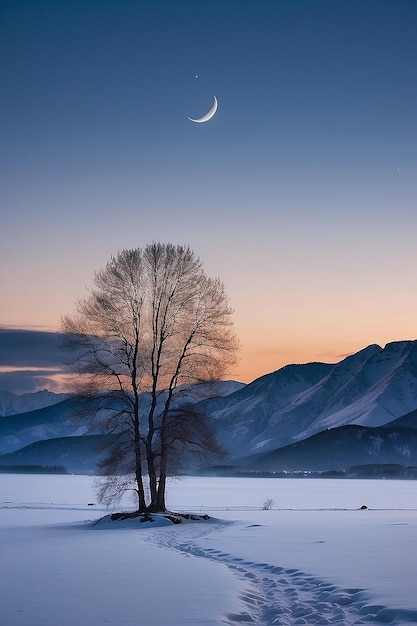 맑은 겨울 저녁 하늘과 초승달