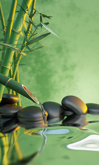 Clearwater flows out of bamboo sections the shiny black stones\
overlap the background is green and yellow waves like water waves\
spa style images 3d rendering