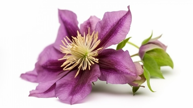 A clematis flower with a yellow center