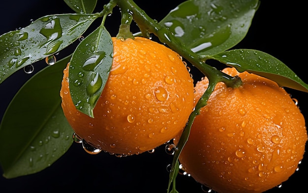 Clementine with water drops on black background