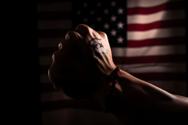 A clenched fist against the background of the American flag