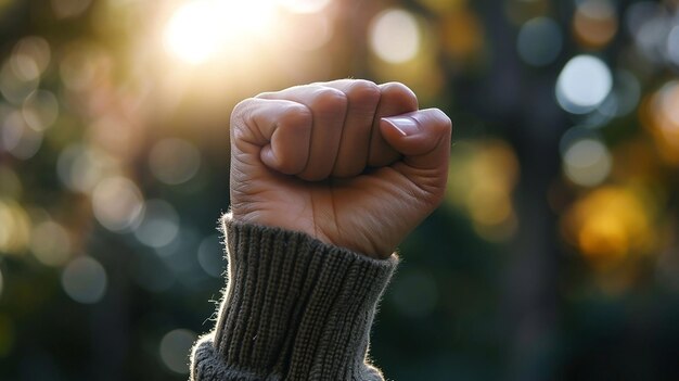 Clenched fist on blurred natural background