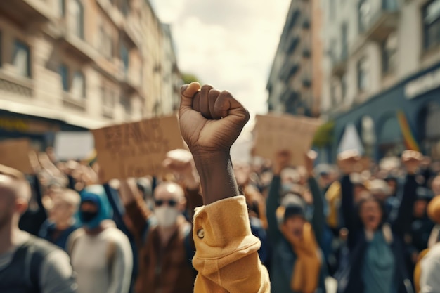 Сжатый кулак, поднятый среди разнообразной толпы протестующих, символизирующий силу и солидарность