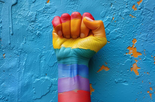 A clenched fist with the lgbt flag painted on the skin pride concept