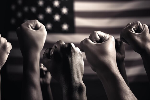 Photo clenched fists on the background of the american flag