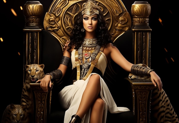 Cleopatra pharaoh Egyptian Queen on Royal throne hot body Full golden accessories makeup costume