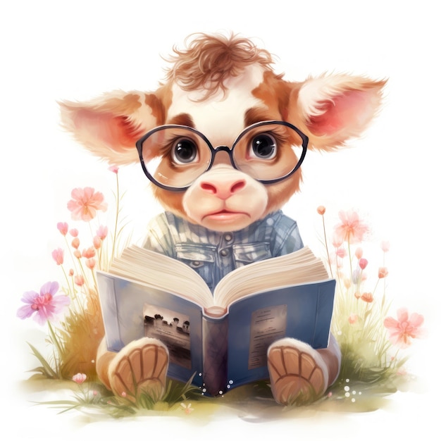 A clever cow is reading a book with glasses and flowers on a white background