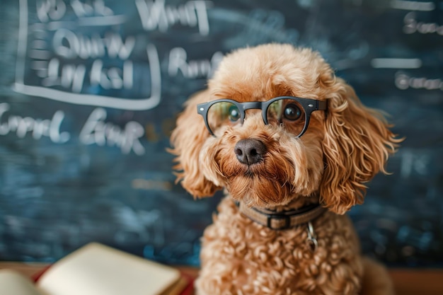 学校のボードの背景に眼鏡をかぶった賢いふわふわの犬