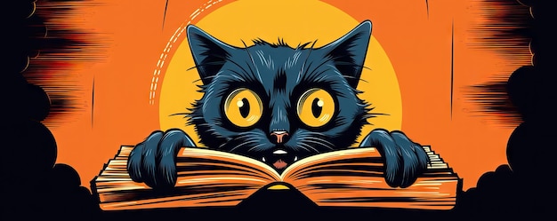 Photo clever funny cat reading book world book day education and study kitten student exam preparation