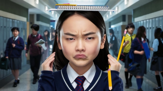 Photo clever korean schoolgirl has serious sullen look folds lips holds pencil notepad on head
