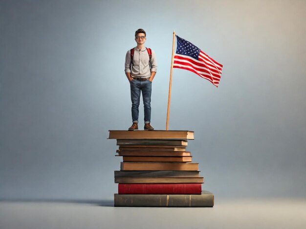 Clever man student standing on books stack with flag self learning personal improvement knowledge obtaining educational achievement