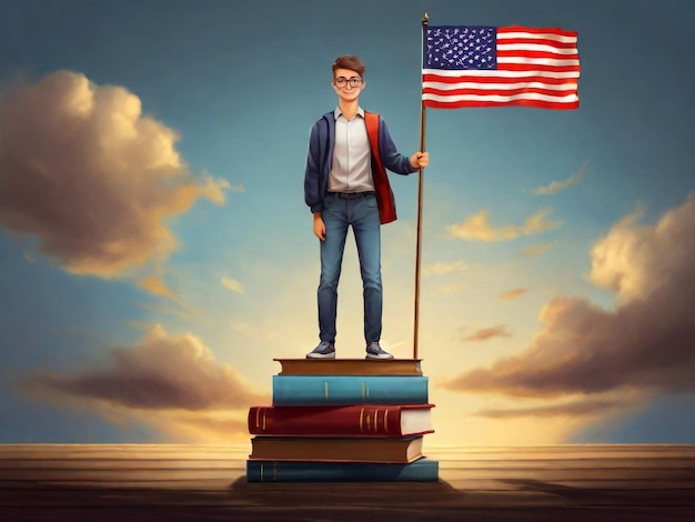 Clever man student standing on books stack with flag self learning personal improvement knowledge obtaining educational achievement