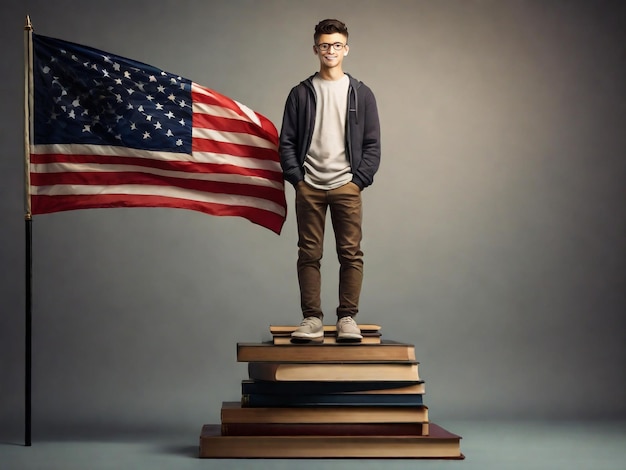 Умный человек ученик стоит на книгах с флагом самостоятельное обучение личное совершенствование знания получение образовательных достижений