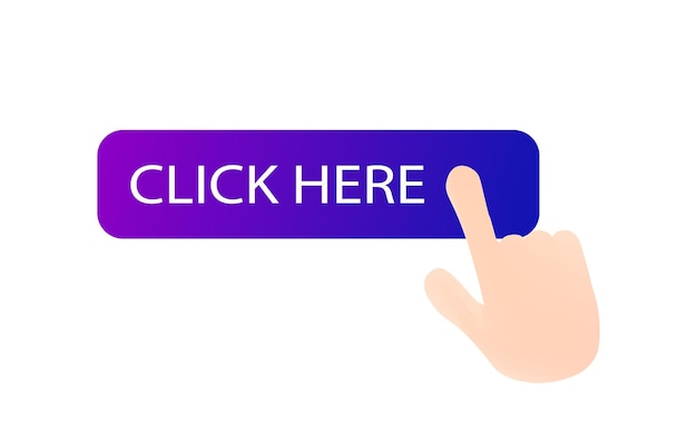 Photo click here button flat purple pressing the button with your finger click here button vector icon