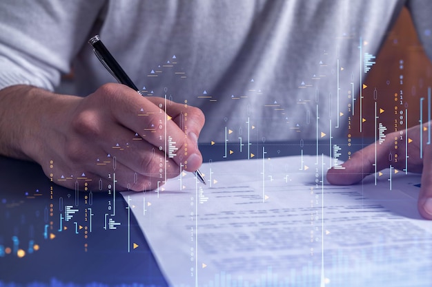 A client in casual wear is signing the contract to invest money in stock market Internet trading and wealth management concept Forex and financial hologram chart over the desk