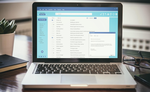 Client mail list on computer laptop screen email message\
communication