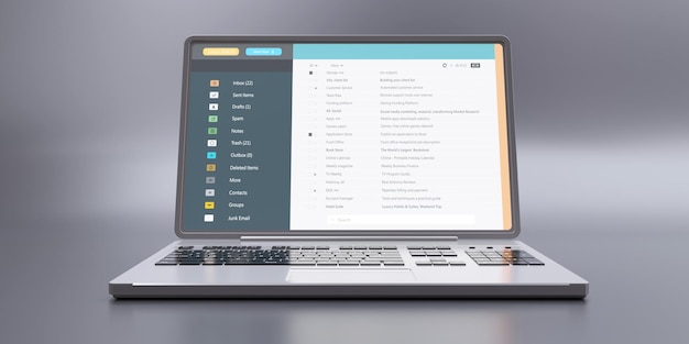 Client mail list on computer laptop screen isolated on grey front view Email message communication
