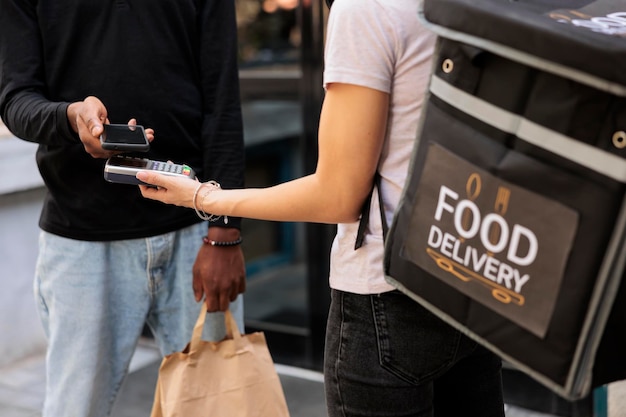 Client making contactless mobile payment for food delivery closeup, nfc technology. Courier hand holding pos terminal device, customer paying for takeaway meal with smartphone close view