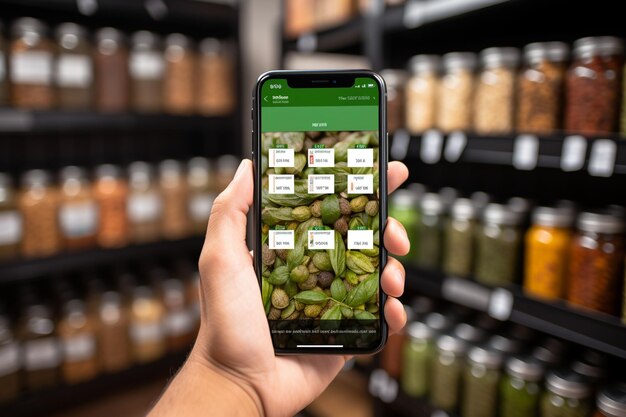 Photo client in zero waste shop using mockup mobile phone to analyze pantry staples