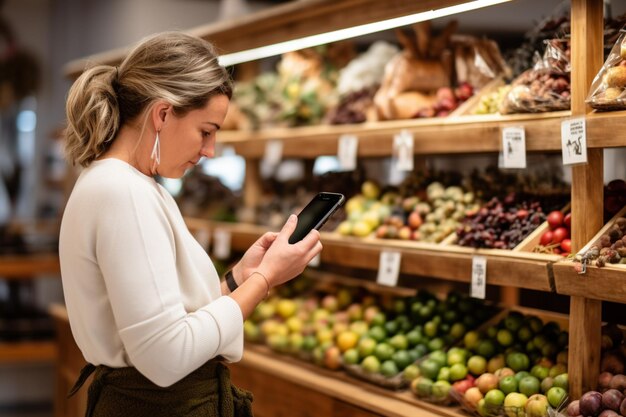 Client in zero waste shop using mockup mobile phone to analyze pantry staples