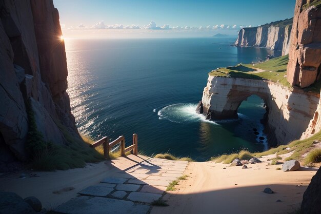 A cliff face in the distance with a sea cliff in the background