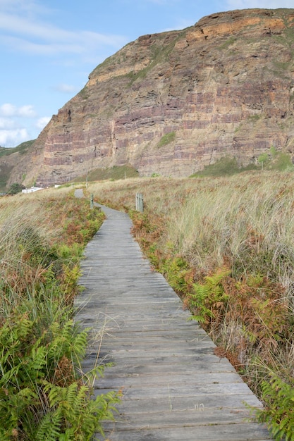 Cliff Face en houten voetpad Xago Beach Asturias Spanje