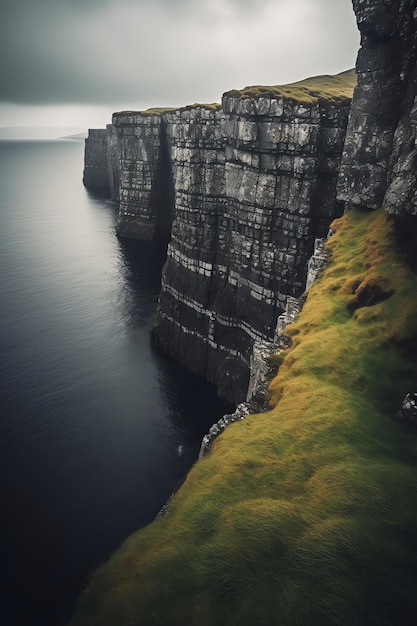 A cliff face in the ocean with a green grass on the cliff.