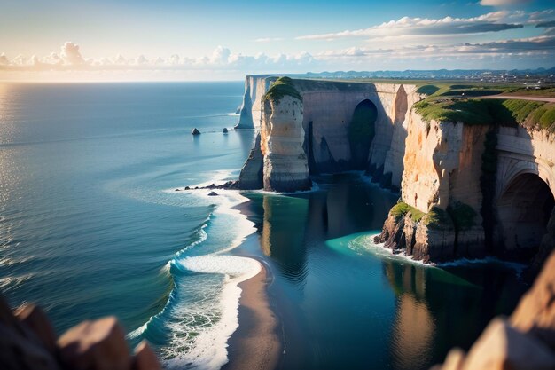 A cliff face in the ocean with the ocean in the background.