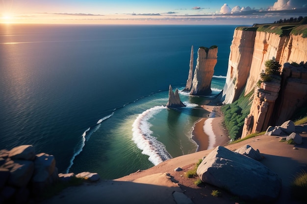 A cliff face in the ocean with the ocean in the background.