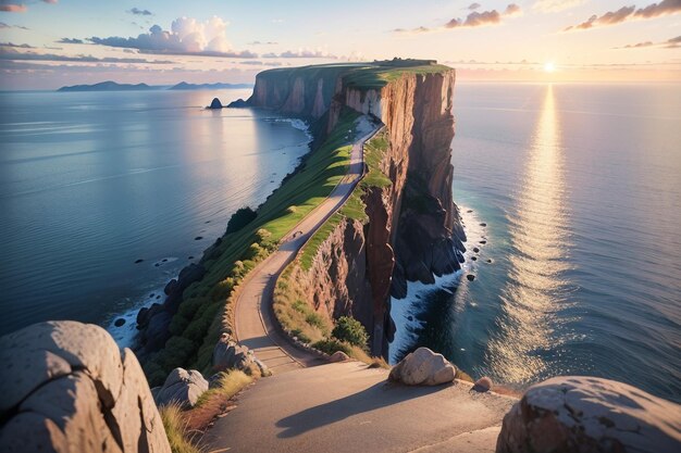 A cliff face in the ocean with a sunset in the background