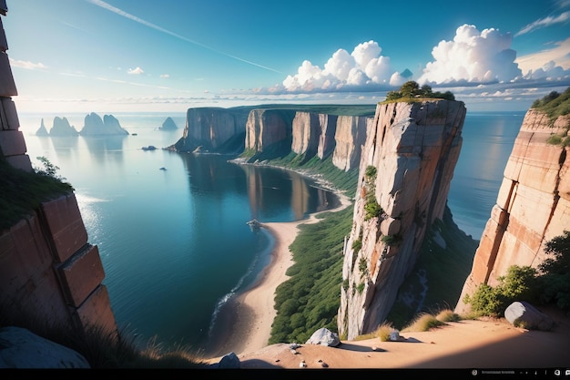 A cliff face with a blue sky and clouds above it