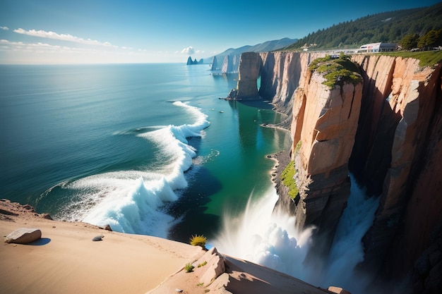 A cliff face with ocean in the background