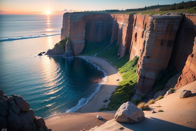 A cliff face with the sun setting over the ocean