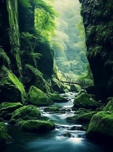 Cliff landschap met stromende rivier en groene bomen