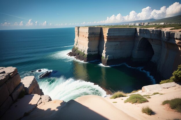 Cliff and mountain natural landscape by the sea wallpaper background overlooking the far view