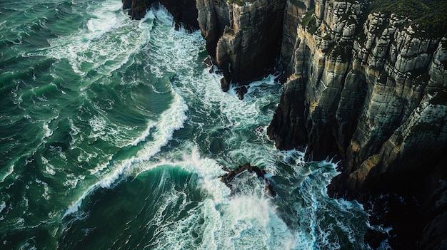 海の上の崖と下の波の衝突驚くべき自然風景の景色