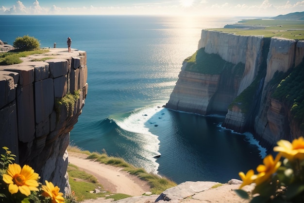 A cliff overlooking the sea with a view of the cliffs and the sea.