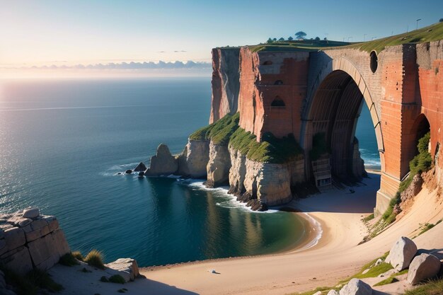 A cliff with a bridge over the ocean