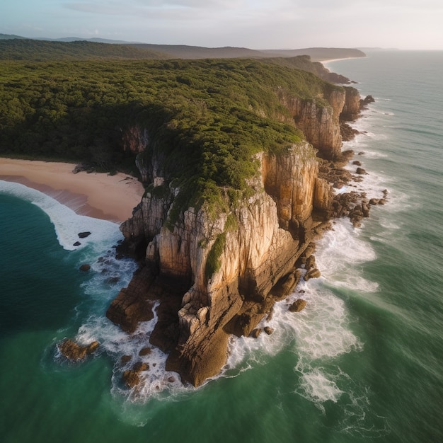 A cliff with green water and a beach below it