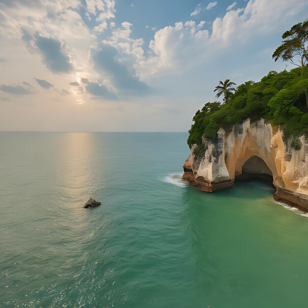 Photo a cliff with a rock formation in the water and a beach in the background