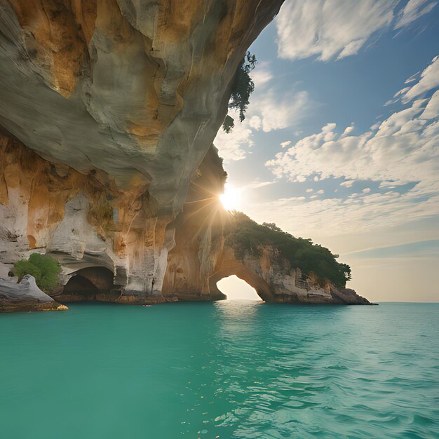 Photo a cliff with a view of the ocean and the sun shining on it