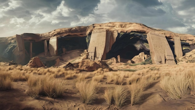 Cliffs and caves on a desert full of dry grass under a cloudy sky during daytime