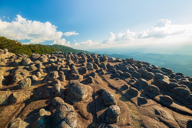 cliffs and mountainsBlue spring daybreak Sandstone cliff above deep misty valleyLan Hin Pum Phits