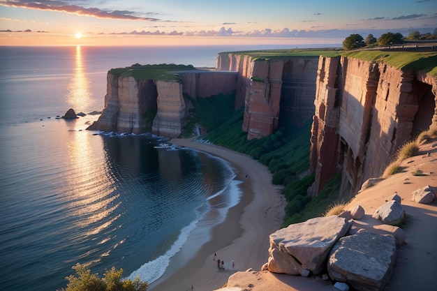 The cliffs of the sea are visible at sunset.