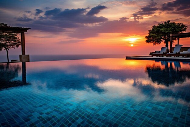 Foto piscina infinita sulla scogliera che riflette i colori del tramonto