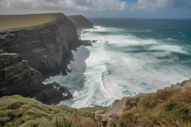 Clifftop-uitzicht met de golven die tegen de rotsen beneden beuken, gecreëerd met generatieve AI