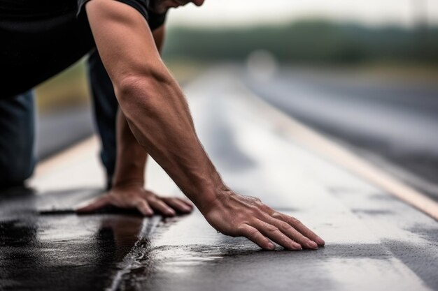 Photo climate activist glued herself to the asphalt blocking the highway on background